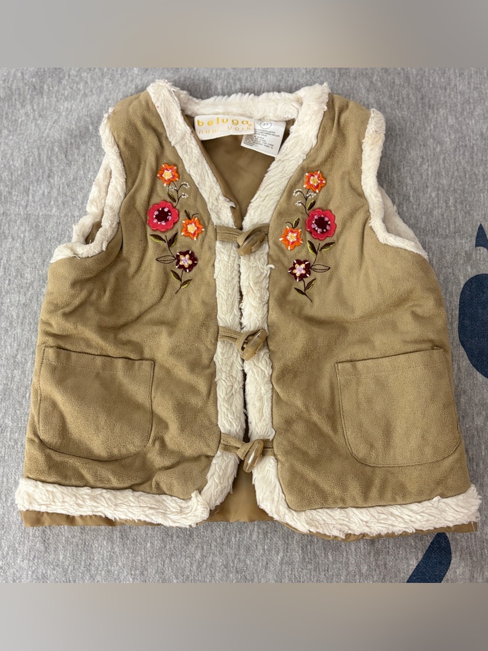 Beluga New York Toddler Girls Sherpa Suede Vest 3T Embroidered Floral Tan Boho
